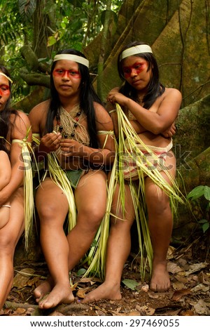 ORELLANA, ECUADOR - AUGUST 10, 2012: Huaorani tribe in the amazon rainforest, Yasuni National Park, Ecuador