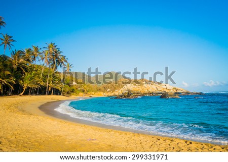 beautiful tropical beach scenery gold sand and mountain in the horizon with palm trees.