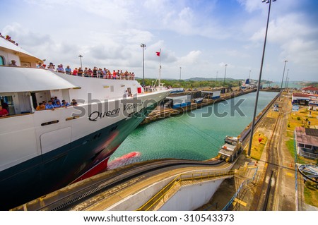 COLON, PANAMA - APRIL 15, 2015: Gatun Locks, Panama Canal. This is the first set of locks situated on the Atlantic entrance of the Panama Canal.