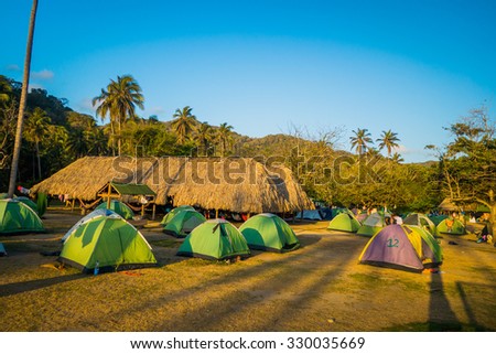 MAGDALENA, COLOMBIA - FEBRUARY 20, 2015: Camping site in Tayrona National Park, protected area in the caribbean region of Colombia