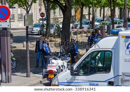 PARIS, FRANCE - JUNE  1, 2015 :  French police blocked street to control emergency in the streest of Paris