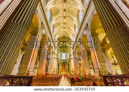 Paris, France - June 1, 2015: Interior of the Church of Saint-Sulpice, Roman Catholic church in the Luxembourg quarter of the 6th arrondissement
