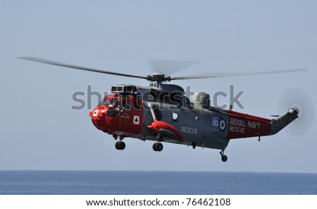 LANDS END, UK - APRIL 29: Royal Navy Seaking practices rescues at Lands End on April 29, 2011 at Lands End, UK