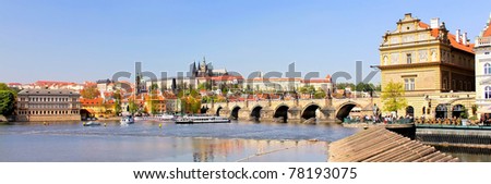A panoramic view of the Prague Castle (Prazsky hrad) and the Charles Bridge (Karluv most). Here the Kings of Bohemia, and presidents of Czechoslovakia and the Czech Republic have had their offices.