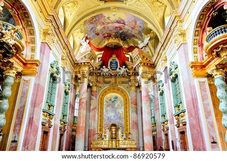 The interior of the beautiful Jesuit Church (Jesuitenkirche), a two-floor, double-tower church in Vienna, Austria, influenced by early Baroque principles but remodeled by in 1703-1705.