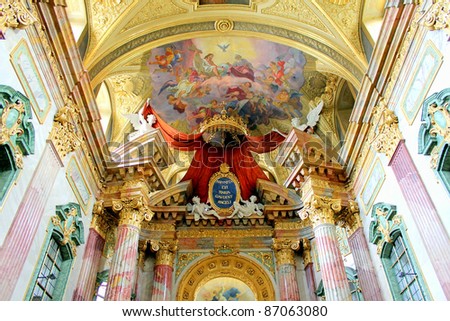 The interior of the beautiful Jesuit Church (Jesuitenkirche), a two-floor, double-tower church in Vienna, Austria, influenced by early Baroque principles but remodeled by in 1703-1705.