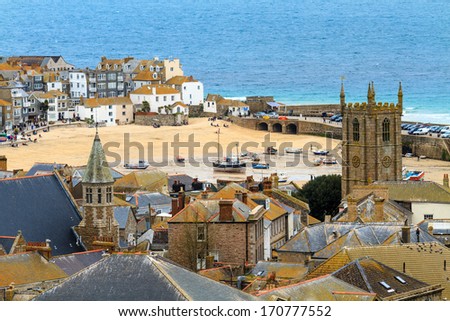 Seaside Village of St. Ives, Cornwall, UK. Roof top view of the harbor