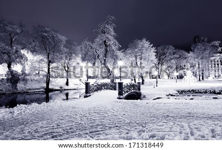 Winter night park with bridge and city channel in Old Riga, Latvia