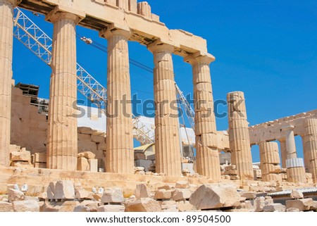 Old columns of Parthenon on Acropolis hill in Athens, Greece
