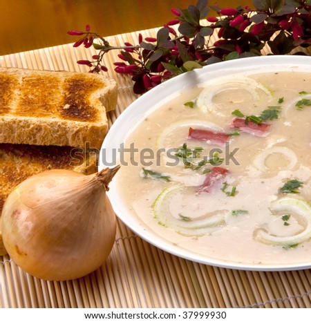 onion soup with fried bread and onion on background