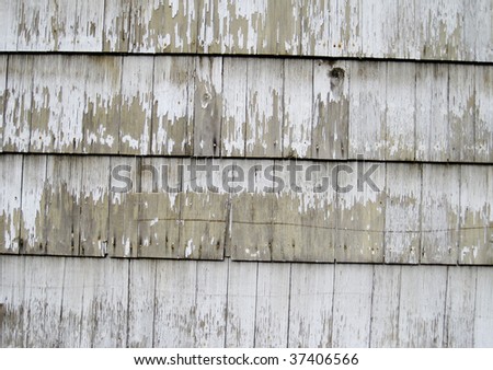 White paint peeling off weathered wood shingles