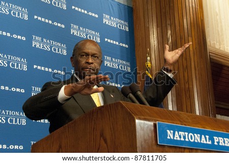 WASHINGTON, DC - OCTOBER 31: Republican Presidential contender Herman Cain speaks to a luncheon at the National Press Club, October 31, 2011 in Washington, DC
