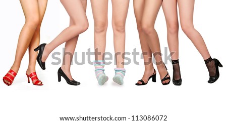 one girl in socks and four women in shoes