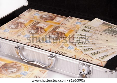 Silver case with money on a white background