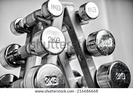 A rack with metal dumbbells.