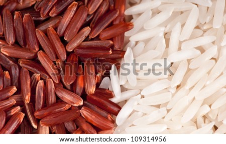 Macro of red and white rice grains showing how processed the white rice is.