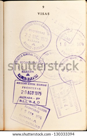 Vintage entry visa stamps to Spain in a passport.
