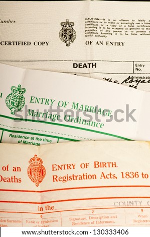 Major steps in life, British birth, marriage and death certificates.