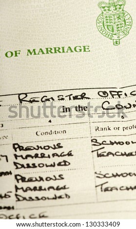 Detail of a British marriage certificate in a registry office with both partners having had previous marriage dissolved. Modern life.