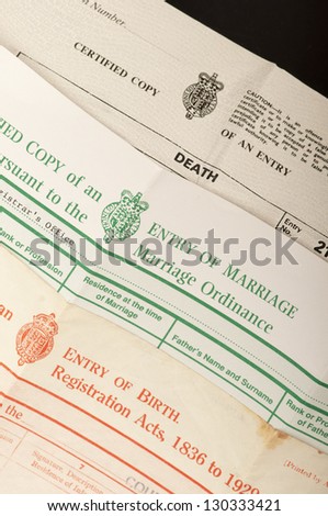 Major steps in life, British birth, marriage and death certificates.