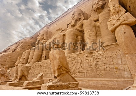Temples of Ramses II.  Built in 1274-1244 BC.  Huge statues guarding the southern borders of Egypt.  The temples were moved in 1964-1968 to the present site.