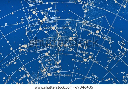 Section of a star map showing the Milky Way Gemini, Orion and Pleiades area.