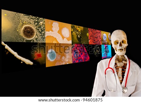Skeleton doctor with stethoscope and white coat giving a lecture on microbes which are illustrated behind as projections on the screen, on black