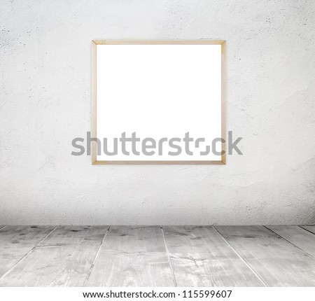 Empty white old interior room with painted concrete wall and empty grunge wood frame and wooden plank floor