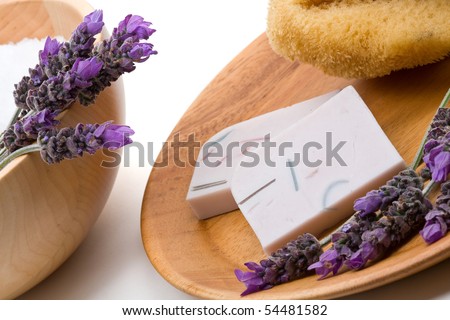 Handmade lavender soap with lavender over white background