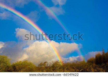 Beautiful bright rainbow in blue sky with clouds