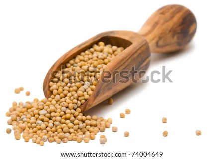 Mustard seeds in wooden scoop over white background
