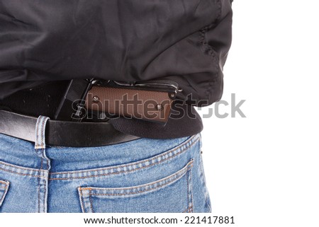 back view of robber with handgun isolated on white background