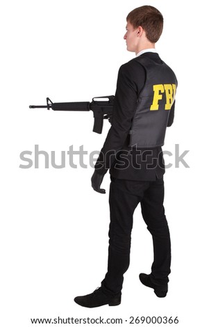 FBI Agent with rifle isolated on white