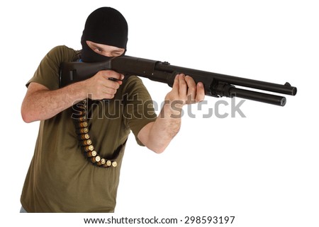 robber in black mask with shotgun isolated