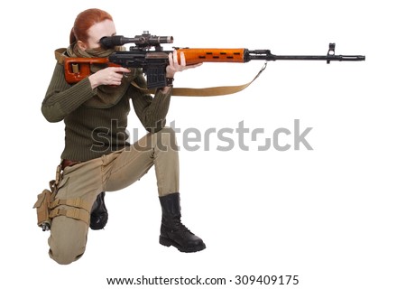 girl  sniper with SVD sniper rifle isolated on white background