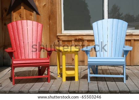 Closeup of two colorful lawn chairs on the deck