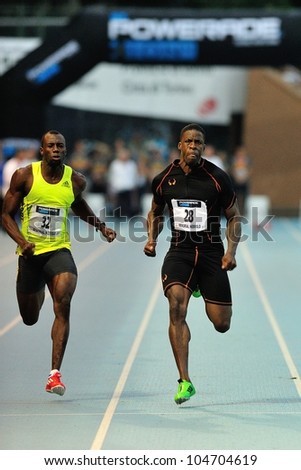 TURIN, ITALY - JUNE 08: Dwight Chambers (26) Su Sanneh (32) run 100m during the International Track & Field meeting Memorial Nebiolo 2012 on June 08, 2012 in Turin, Italy.