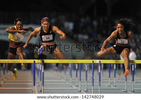 TURIN - JUNE 8: (from left) Porter Tiffany, Lolo Jones, Harrison Queen run 110m hurdles woman race at XIX Turin International Track and Field meeting, Italy on 8th june 2013, in Turin, Italy.