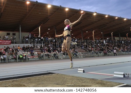 TURIN - JUNE 8:Klishina Darya from Russia performs long jump woman at XIX Turin International Track and Field meeting, Italy on 8th june 2013, in Turin, Italy.