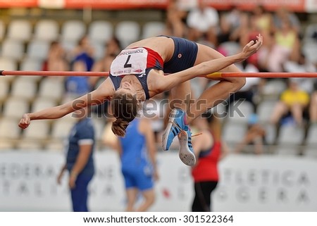 TURIN, ITALY - JULY 25: Mannucci Maura perform high jump during Turin 2015 Italian Athletics Championships at the Primo Nebiolo Stadium on July 25, 2015 in Turin, Italy.