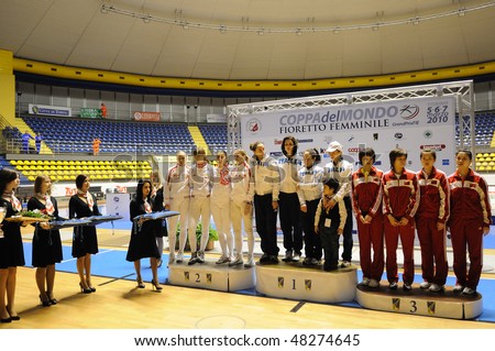 TURIN, FEB 7: Women Foil World Cup, team tournament awards ceremony 1st Italy 2nd Russia 3 rd China on  February 7, 2010 in Turin, Italy.