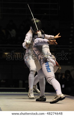 TURIN, FEB 7: Women Foil World Cup,  Elisa Di Francisca fight team tournament final match Italy vs Russia on February 7, 2010 in Turin, Italy.
