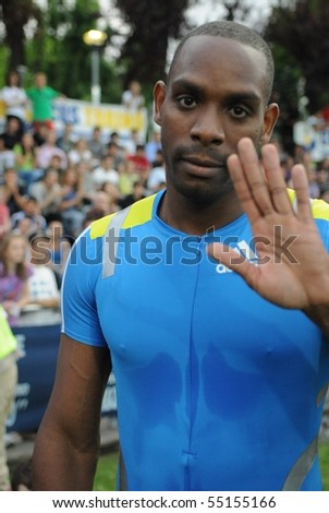 TURIN, ITALY - JUNE 12: Ronald Pognon of France cheer during the 2010 Memorial Primo Nebiolo track and field athletics international meeting, on June 12, 2010 in Turin, Italy.