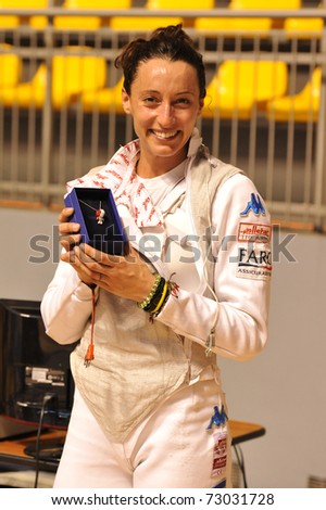 TURIN, ITALY - MARCH 12: Italian fencer Elisa DI FRANCISCA cheers during the 2011 Women world fencing cup on March 12, 2011 in Turin, Italy
