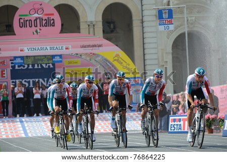 TURIN, ITALY - MAY 7: Professional Cycling Team Omega Pharma - Lotto starts for team time trial first leg of 2011 Giro da Italia from Venaria Reale castle on May 7, 2011 in Turin, Italy