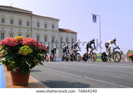 TURIN, ITALY - MAY 7: Professional Cycling Team Garmin Cervelo starts for team time trial first leg of 2011 Giro da Italia from Venaria Reale castle on May 7, 2011 in Turin, Italy