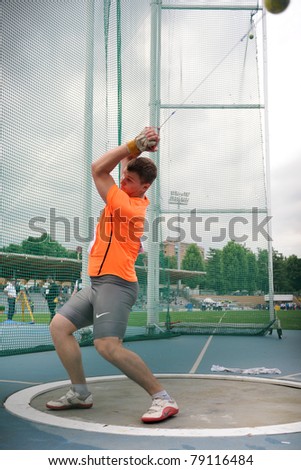 TURIN, ITALY - JUNE 10: Martynyuk Andriy (UKR) performs hammer throw during the 2011 Memorial Primo Nebiolo track and field athletics international meeting, on June 10, 2011 in Turin, Italy.