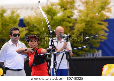 TURIN, ITALY - JULY 10:  VAN LAMOEN Denisse (CHI), 2011 women recurve world champion, competes at 2011 World Archery and Para Archery Championships , on June 10, 2011 in Turin, Italy.