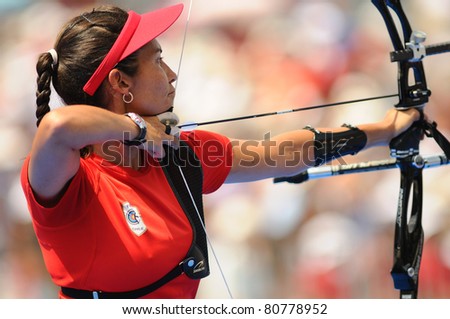 TURIN, ITALY-JULY 10: VAN LAMOEN Denisse (CHI), women recurve world champion, wins round for gold at 2011 World Archery and Para Archery Championships , on June 10, 2011 in Turin, Italy.
