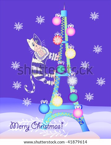 Eiffel Tower Pictures Christmas on Christmas Card With Eiffel Tower And Cat Stock Vector 41879614